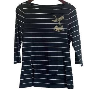 A New Day Top Women M Black Boat Neck 3/4 Sleeve Striped Bird Graphic Pullover